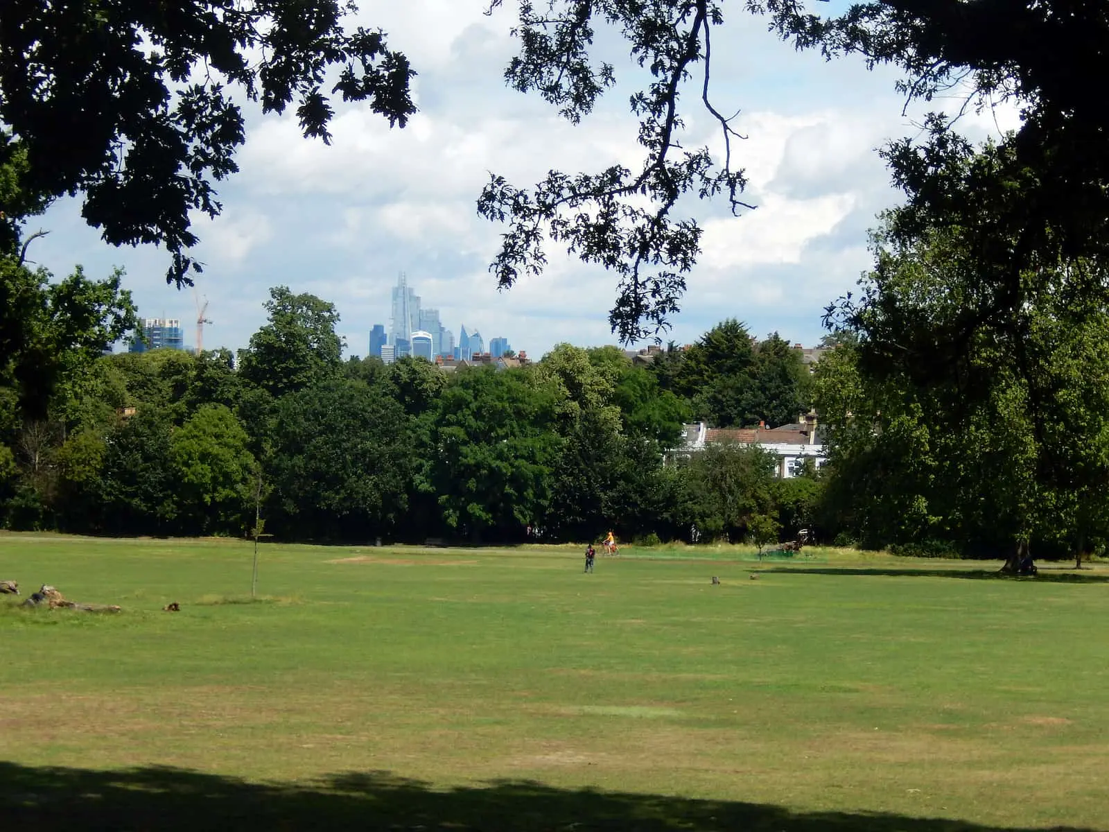 The view north from the upper slopes of Brockwell Park, with the City of London skyline including the Shard visible above the treeline